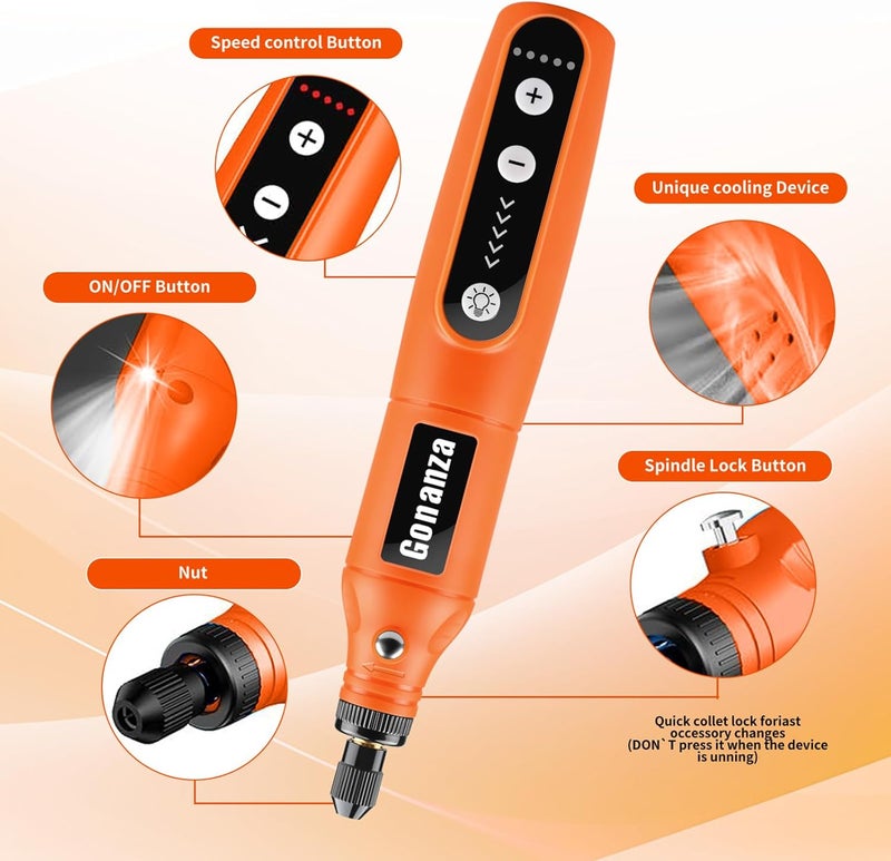 Gonanza Mini Cordless Rotary Tool Kit - 5-Speed, 3.7V Power Supply with LED Light 62 Accessories for Engraving, Sanding, Polishing, Type-C Rechargeable Perfect for DIY Crafts and Precision Work - Image 2